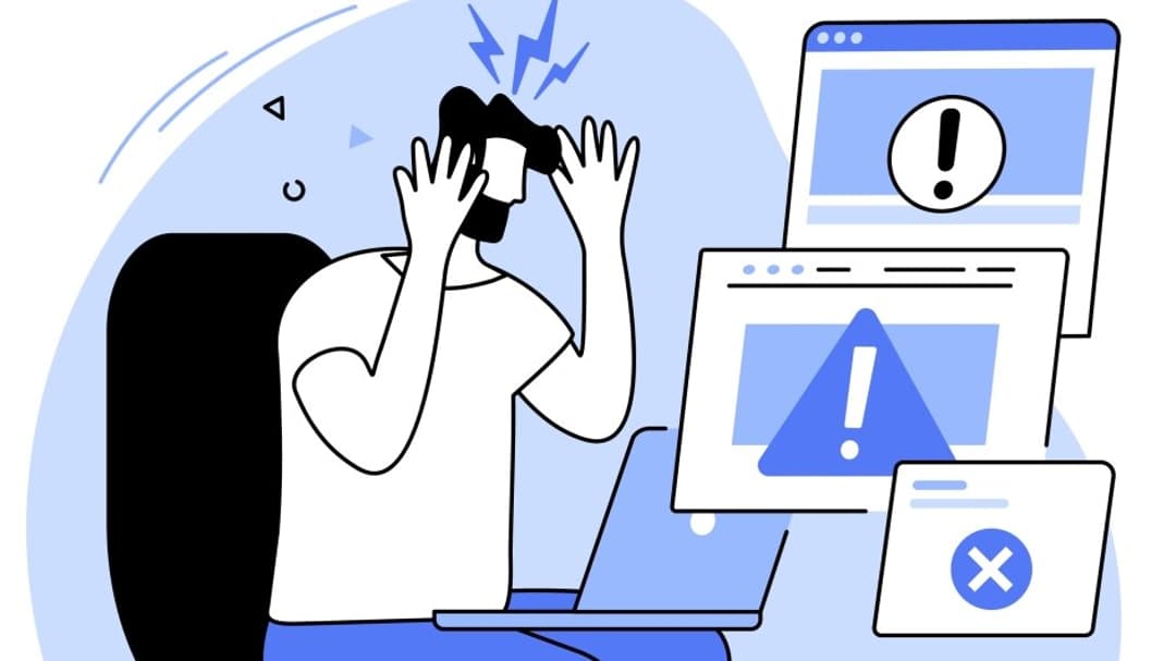 Illustration of man with laptop illustrating software problems.