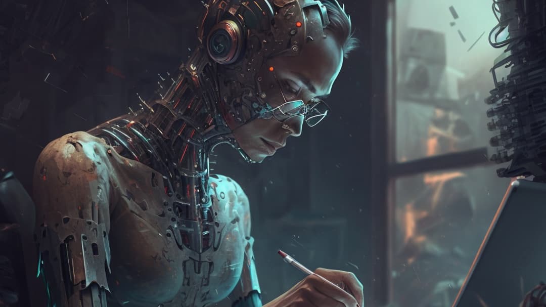 AI generated picture showing a humanoid robot who is writing