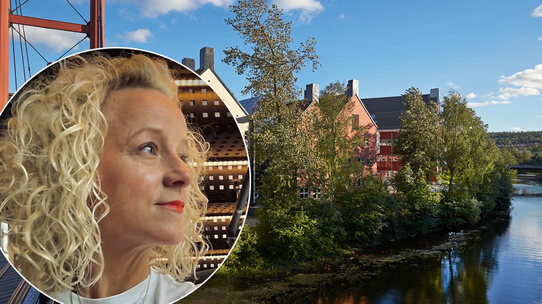 portrait of a woman and some houses and a river