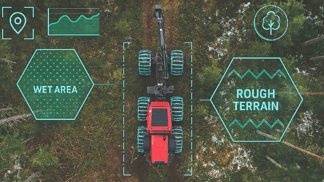 Forestmachine in the forest with digital symbols around