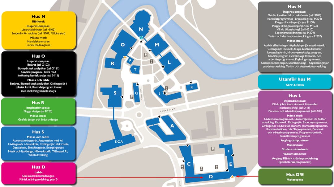 karta över de byggnader som används på Öppet hus 2025 i Sundsvall
