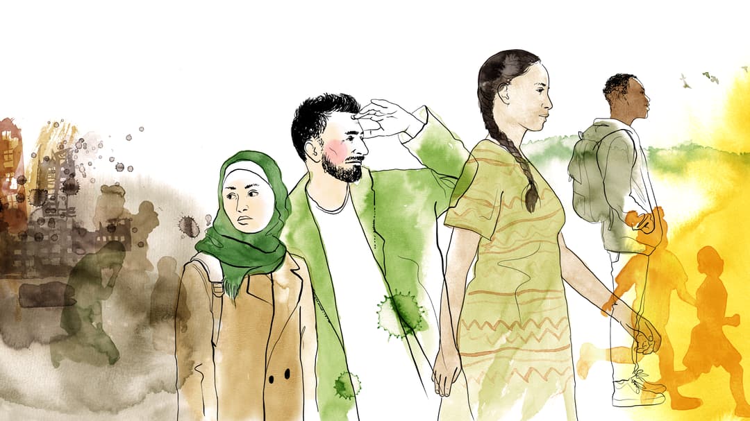 Illustration av människor på flykt.