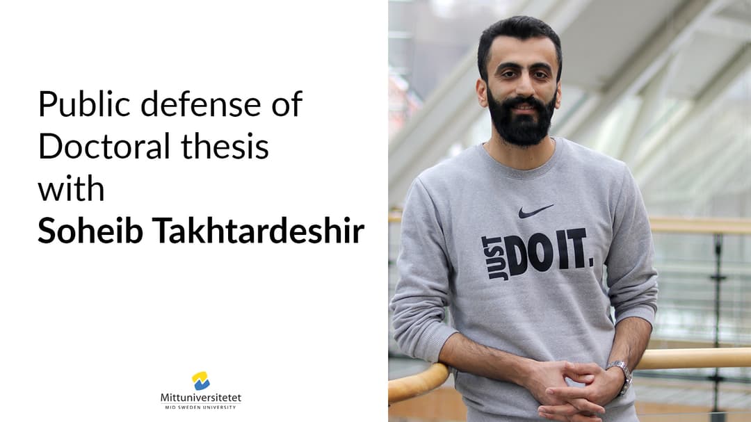 Information om en kommande disputation samt ett foto på doktoranden, en man med mörkt hår och grå tröja