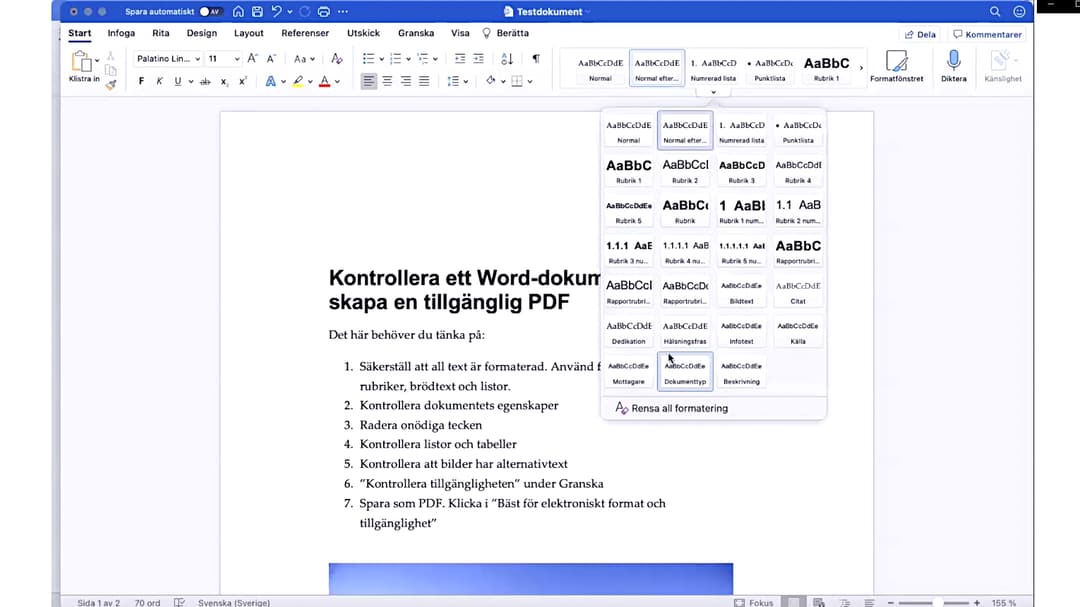 Kontrollera ett Word-dokument för att skapa en tillgänglig PDF på Mac.