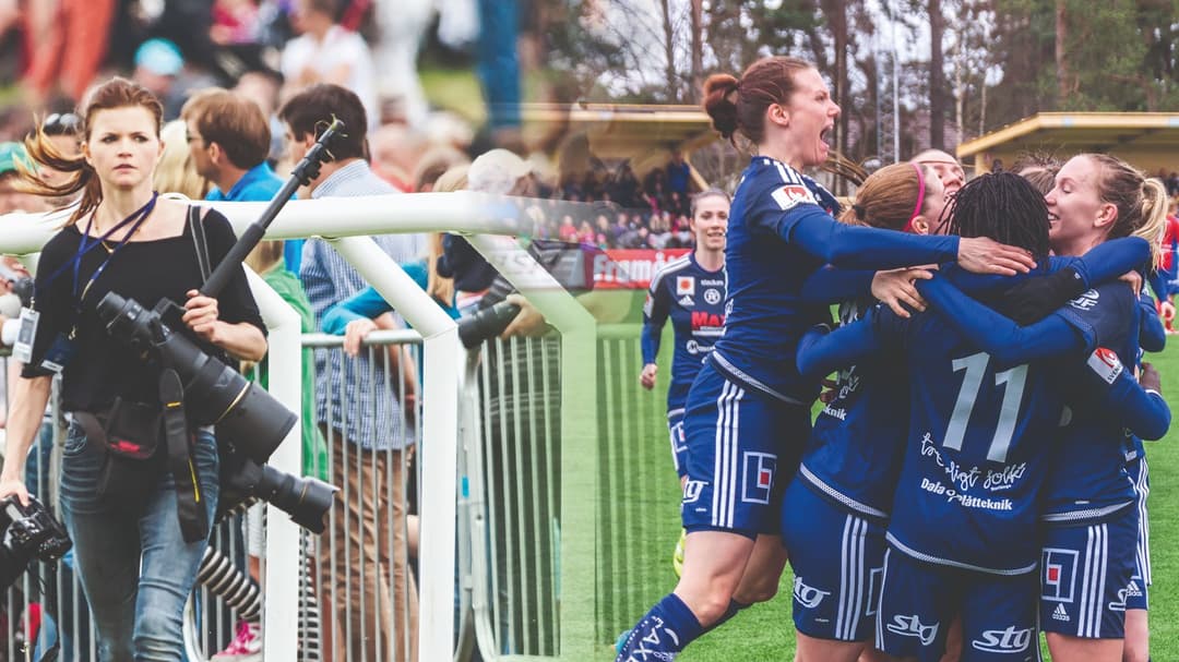 Bildmontage. En kvinna med flera kameror står framför en stor grupp människor. Bredvid den bilden kramas flera kvinnor i fotbollskläder på en gräsplan.
