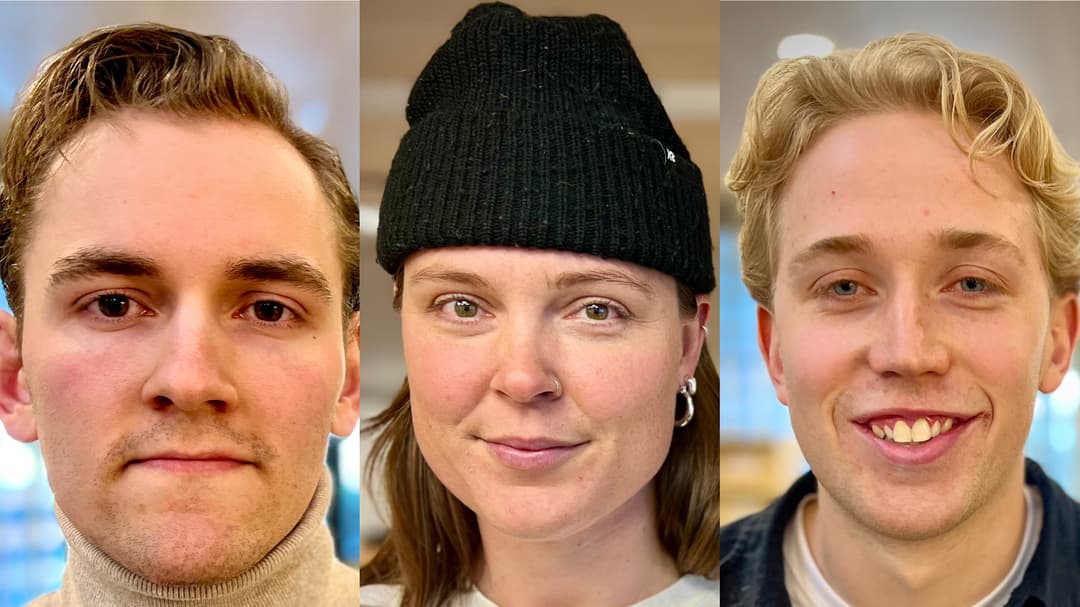 Bild av tre personer, en korthårig man, en tjej med mössa och en blond man. 