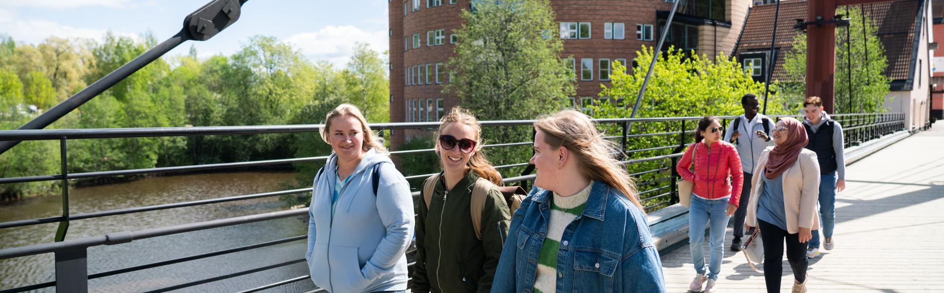 Students walking on the bridge at Åkroken, Campus Sundsvall.