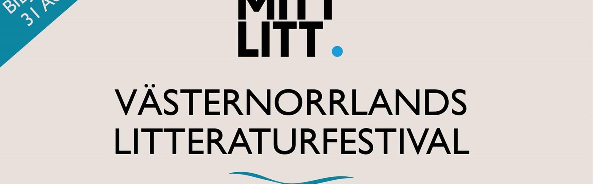 grafisk bild i blått av berg och skog, svarta bokstäver på vit botten