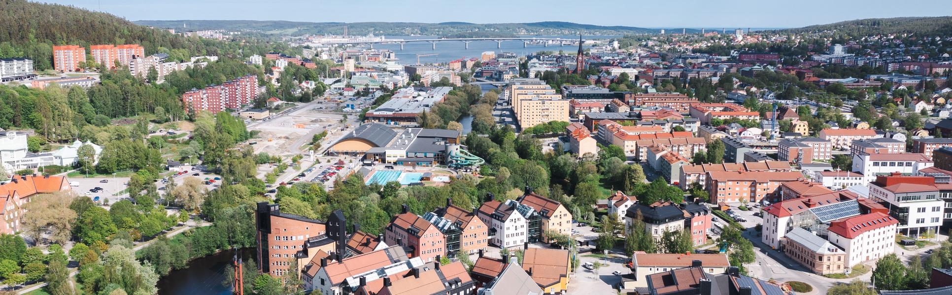 Drone image, Campus in the foreground, Sundsvall city in the background