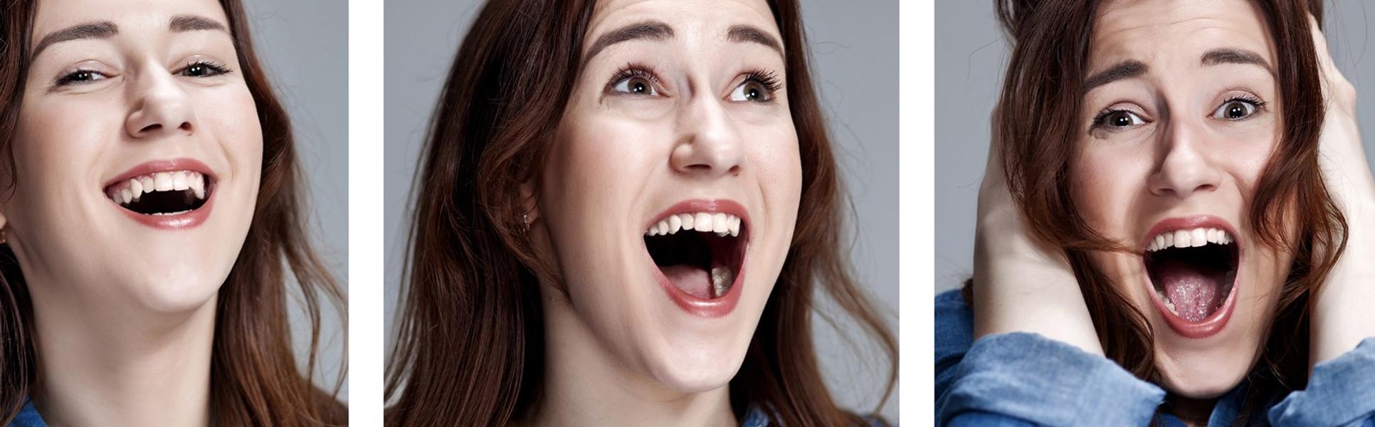 Set of young womans portraits with different happy emotions.