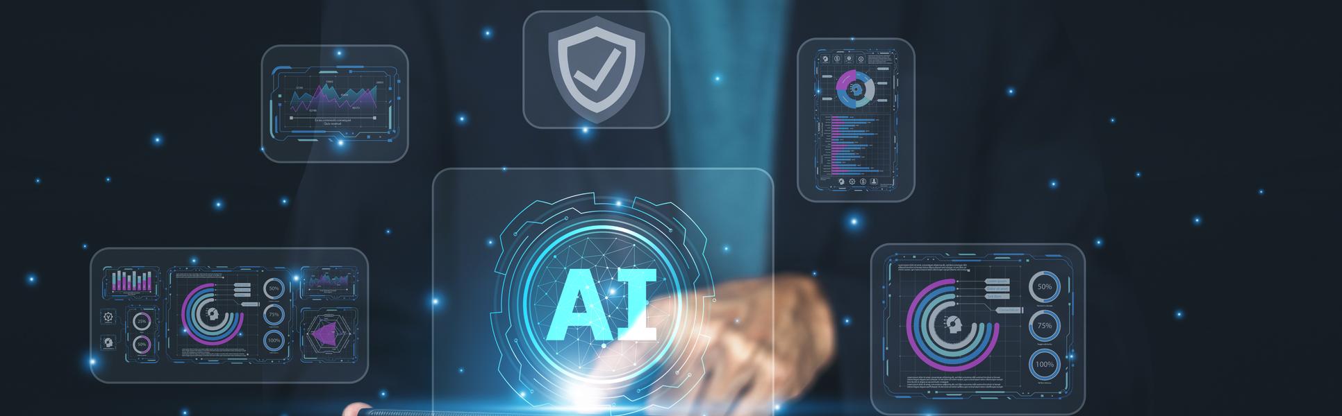 Businessman presenting AI-powered cybersecurity interface to protect digital assets, detect threats, and ensure secure business operations in a connected world.