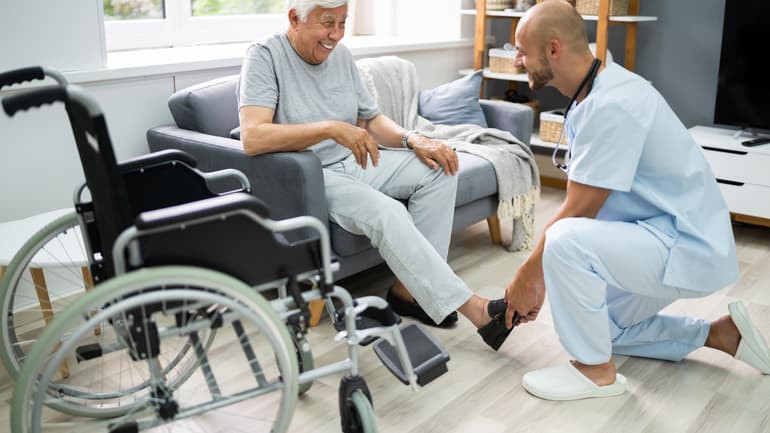 OLD SENIOR HOME CARE PATIENT WITH NURSE