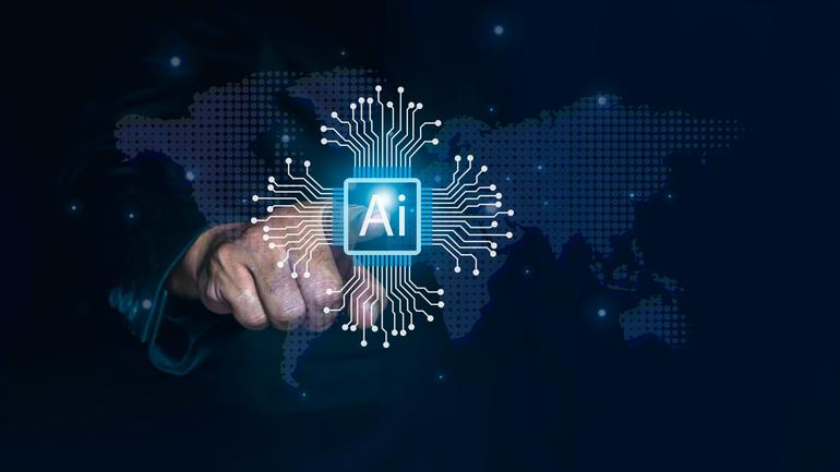 A hand pointing to the text ‘AI’ written in a light blue square with several light rays in white extending outwards from the sides of the square.  
