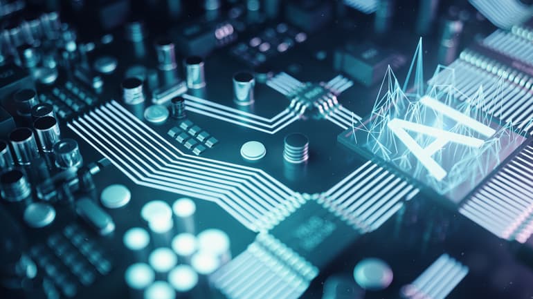 3D illustration abstract artificial intelligence on a printed circuit board. Technology and engineering concept. Neurons of artificial intelligence. Electronic chip, head processor 