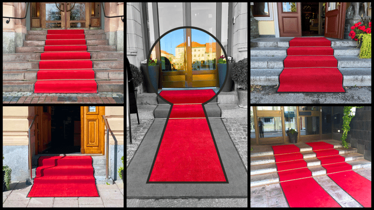Red carpets on stairs
