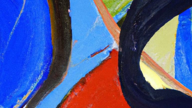An abstract oil painting in black, blue and red