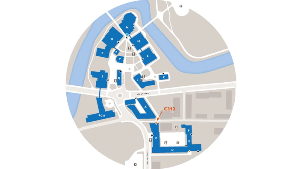 Overview map of an area with buildings and road.