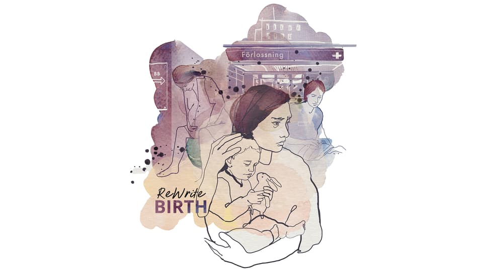 Watercolour-style illustration showing an adult holding a child. In the background, the entrance to a maternity ward and two seated people are visible.