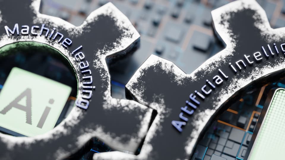Inskription AI på ett metallredskap. Djup maskininlärning. Utvecklingen av artificiell intelligens. AI artificiell intelligens koncept. 3D-rendering.