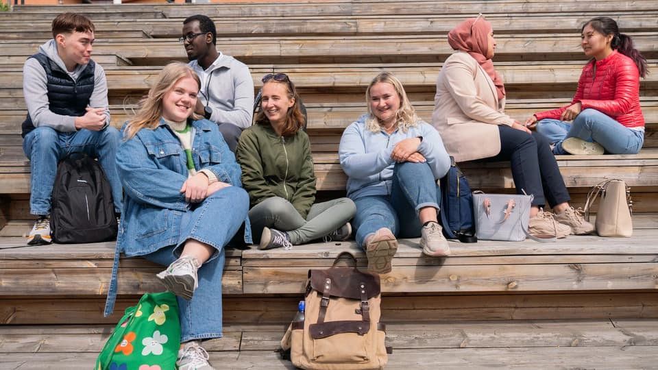 En grupp studenter sitter i en trätrappa och pratar.