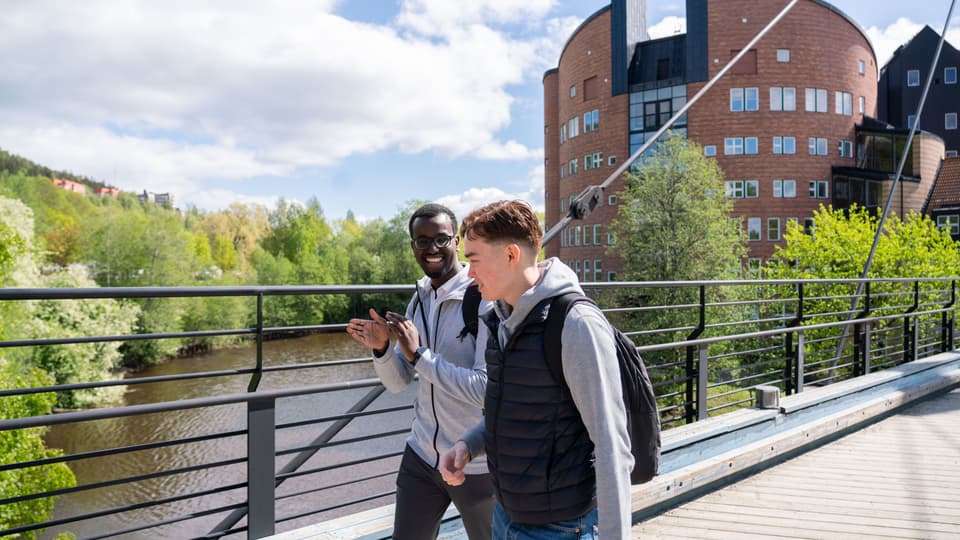 Students walking on the bridge at Åkroken, Campus Sundsvall.