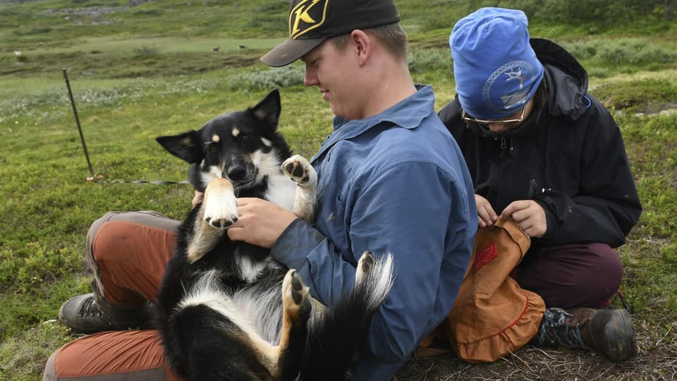 Två ungdomar och en hund. 