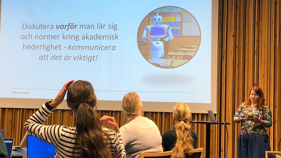 Seminar Situation with a lecturer, audience and presentation picture on the wall.
