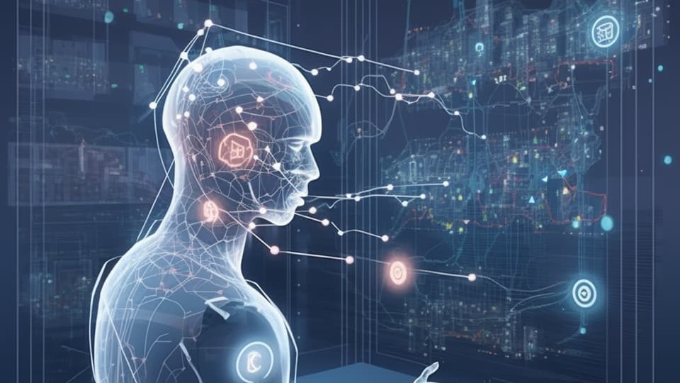 AI generated image showing a holographic figure with lights and  projections