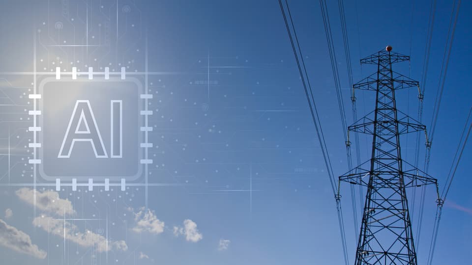 Elkraftledning med en blå himmel som bakgrund. Text med AI.