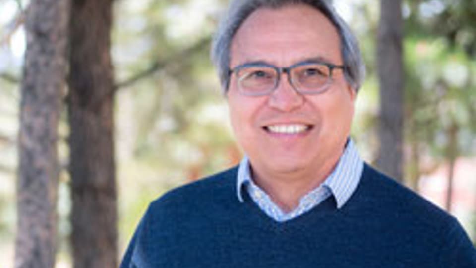A man with glasses wearing a blue and white checkered shirt with a blue sweater over it stands outside with trees in the background
