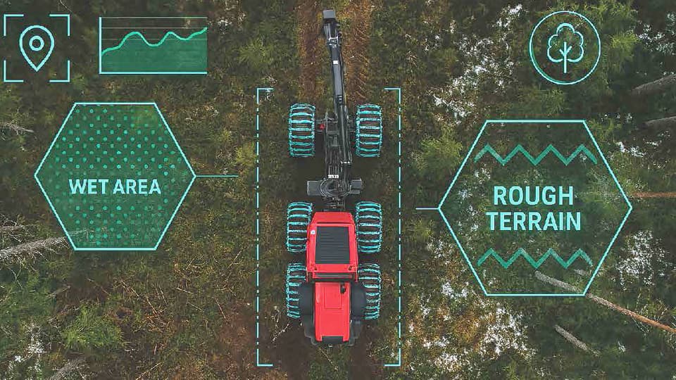 Forestmachine in the forest with digital symbols around