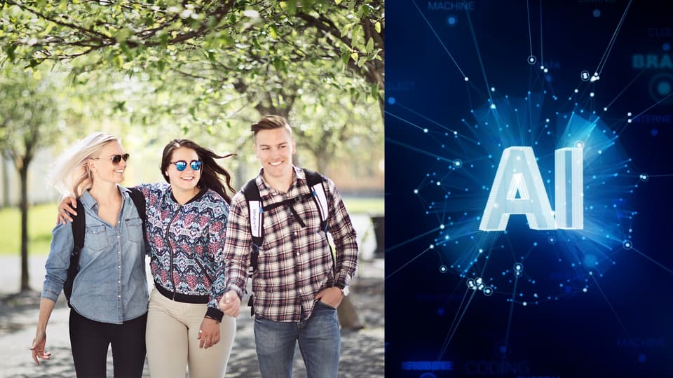 kombinerad bild AI-illustration och foto av tre studenter som går på campus, glada, träd i bakgrunden 