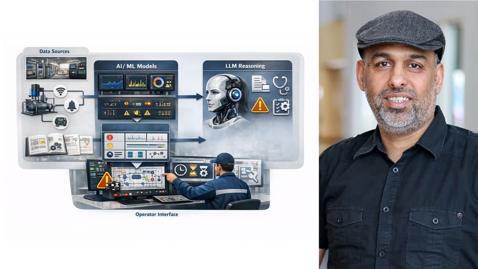 Photo montage with two images. The image on the left shows an illustration with computers and AI, and on the right is a photo of a man wearing a dark grey cap and black shirt. 