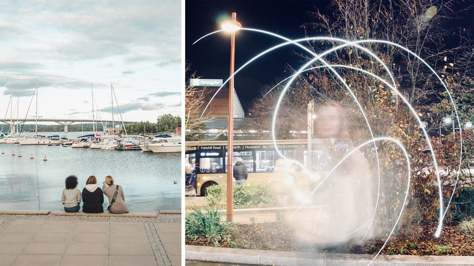 Montage med två bilder. Till vänster tre kvinnor som sitter i en hamn fotograferade bakifrån så att deras ryggar syns. Till vänster en bussstation med en buss i bakgrunden och i förgrunden syns ett vitt ljussken och en kvinna syns suddigt i bilden.