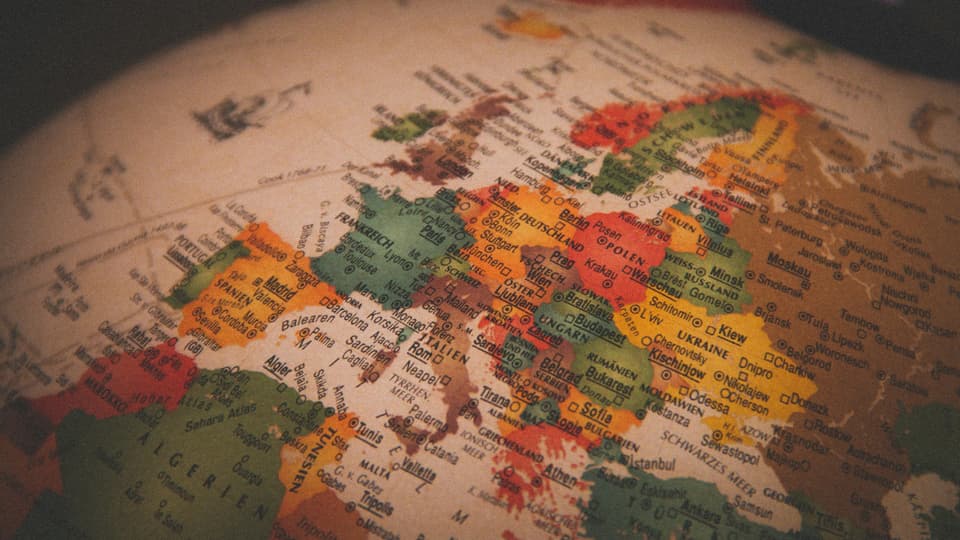 Close-up of a globe with Europe in focus.