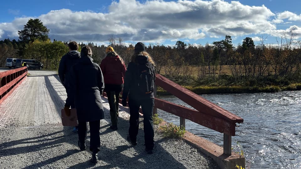 Fyra personer går över en bro och under bron rinner vatten. På andra sidan syns skog och två parkerade bilar. 