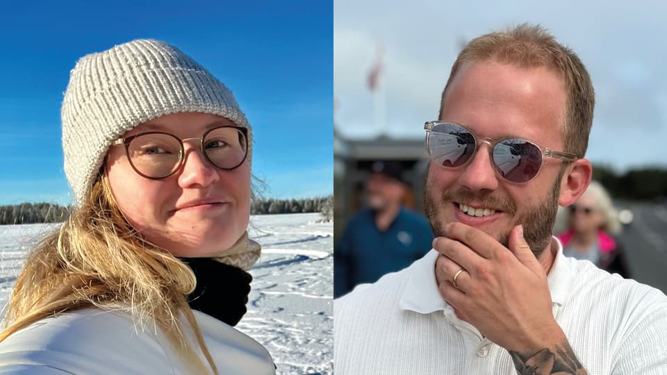 Två bilder bredvid varandra: en blond kvinna med täckjacka, mössa och glasögon, och en blond man med vit skjorta och solglasögon.
