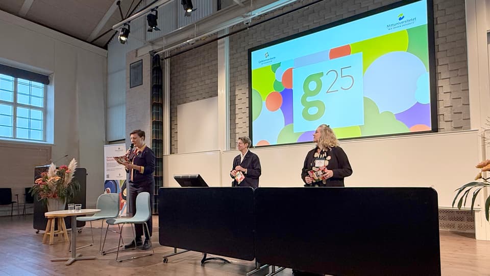 Tre kvinnor står på en scen, framför en stor skärm, och pratar inför publik.