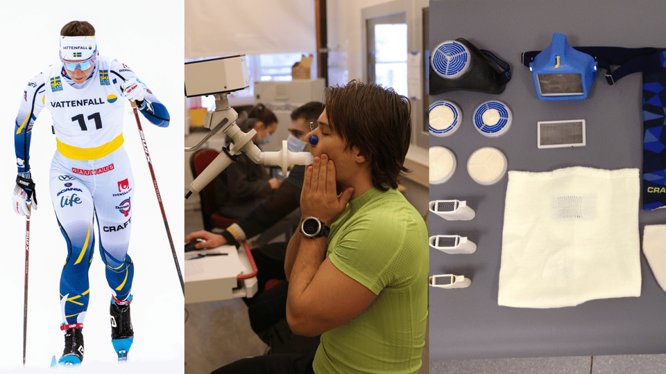Photo collage with skiers, lung test in lab and heat exchanger masks.