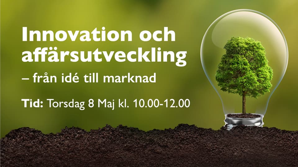 Text på svenska med betydelsen Innovation och affärsutveckling - från idé till marknad. Tid: Torsdag 8 maj kl. 10.00-12.00. Texten ligger på en monterad bild där en stor glödlampa rymmer ett lövträd. 