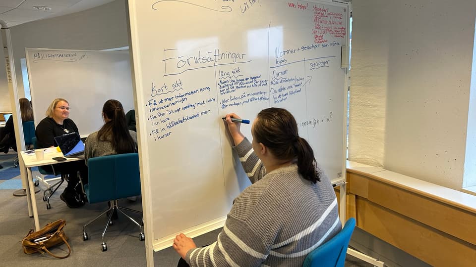 A student writing  a whiteboard.