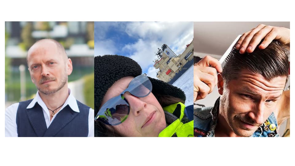 tre porträtt i ett collage på en man, en kvinna och en man 