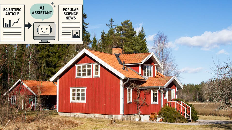 Kollage av rött hus på landet och bild om AI assisterad nyhetsmakning.