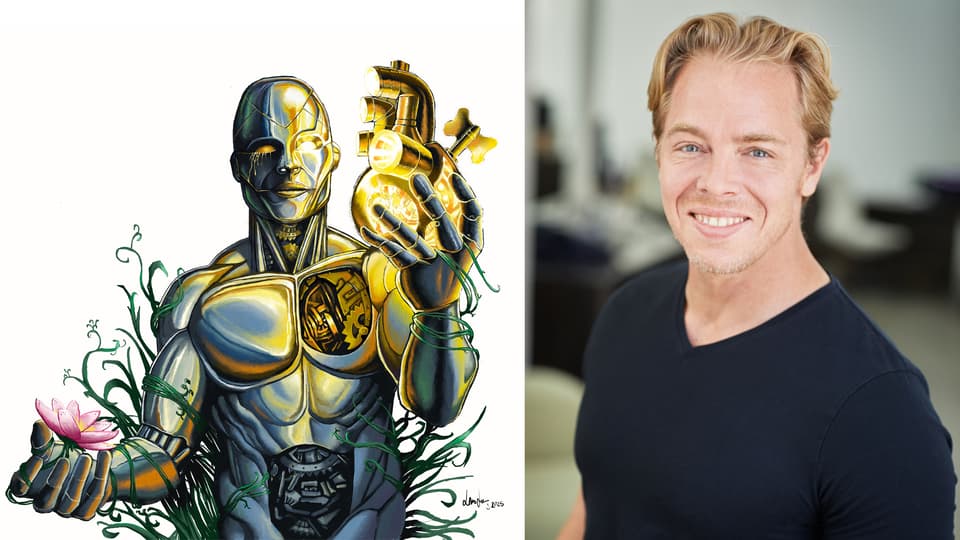 illustration av en robot samt ett porträtt på en man