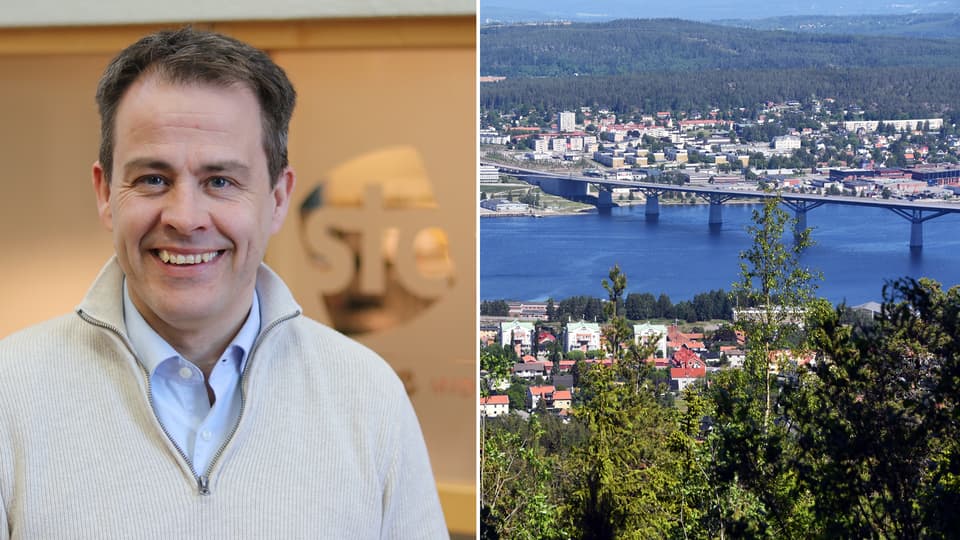 Bildkollage: ett porträtt av en leende man samt en utsiktsbild över sundsvallsbron