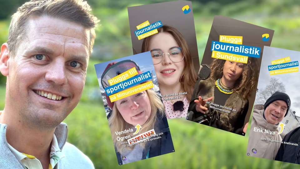  A man looks into the camera and smiles. Next to him are four pictures with a little text.