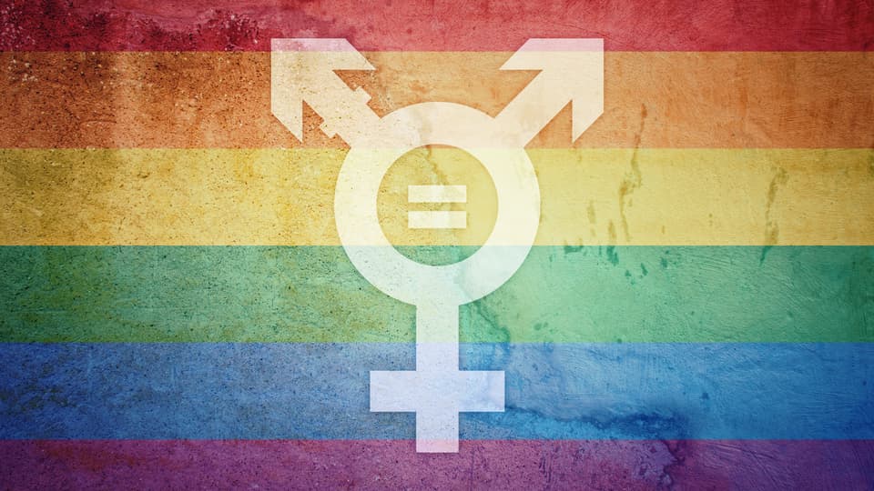 Symbol för HBTQ+ på en regnbågsfärgad flagga