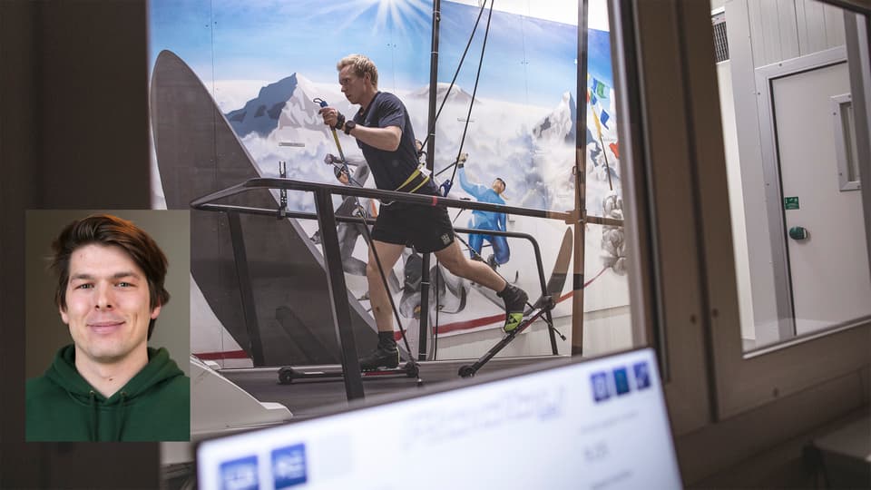 Roller skier in a room with a treadmill are seen through a window. In the foreground is a computer screen. A cut-in portrait of a man.