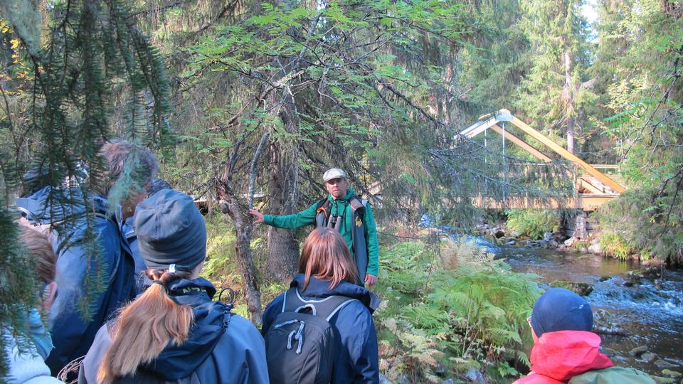 En grupp människor i friluftskläder står i skog och lyssnar på en man som pratar.