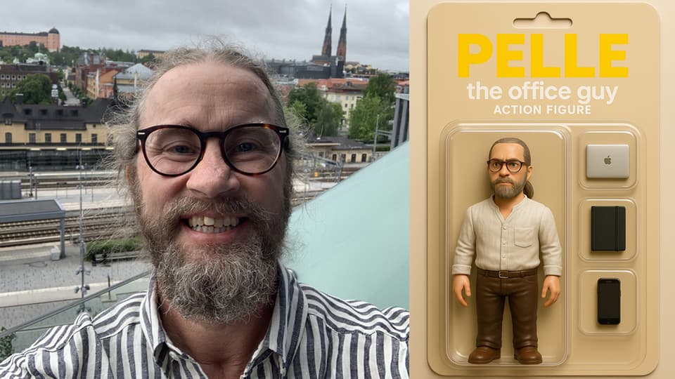 Kollage av en mans selfie och en bild av en actionfigur i sin förpackning.